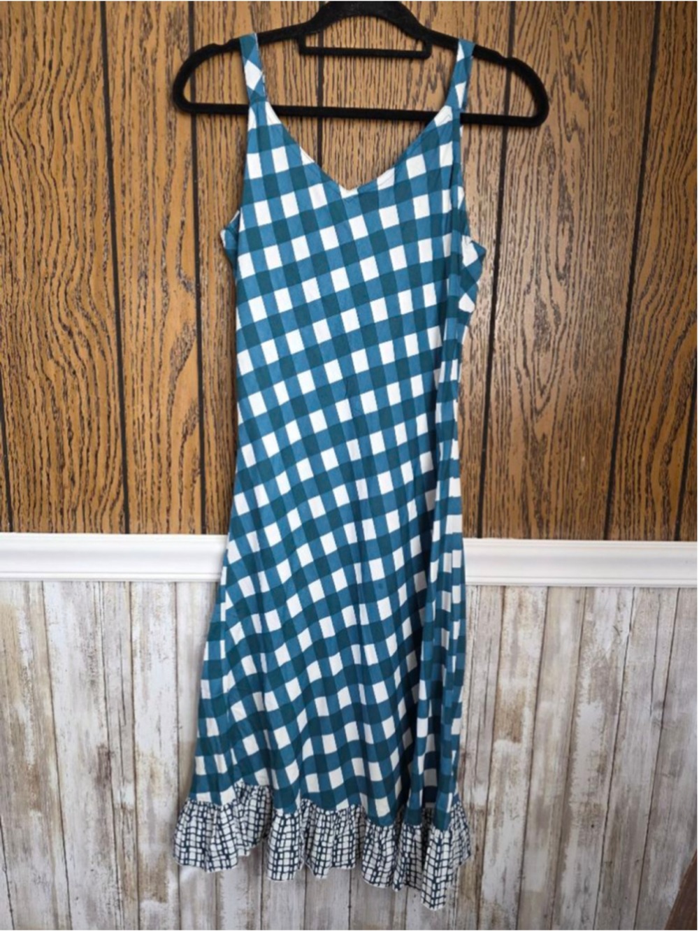 Women's Anna Ocean Teal White Gingham Ruffle Hem Dress S